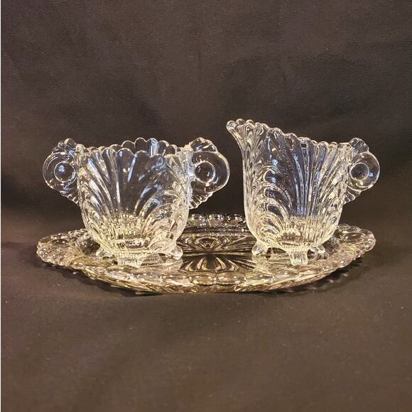 Vintage Cambridge Mini Open Cream N Sugar w Tray in Caprice Clear (Stem 300) - Picture 2 of 9